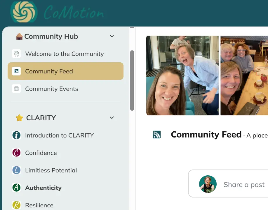 A screen shot of the CoMotion Online Community Feed.  At the top are a series of small images showing the Caroline Barnes and Faye Ingram with other CoMotion community member