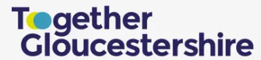 Together Gloucestershire Logo - Words in blue writing with the o of together showing as overlapping green and blue circles